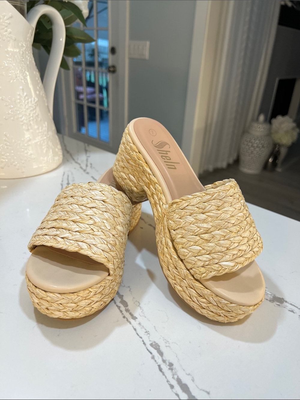 Shelin Natural Beige Braided Platform Slide Mules